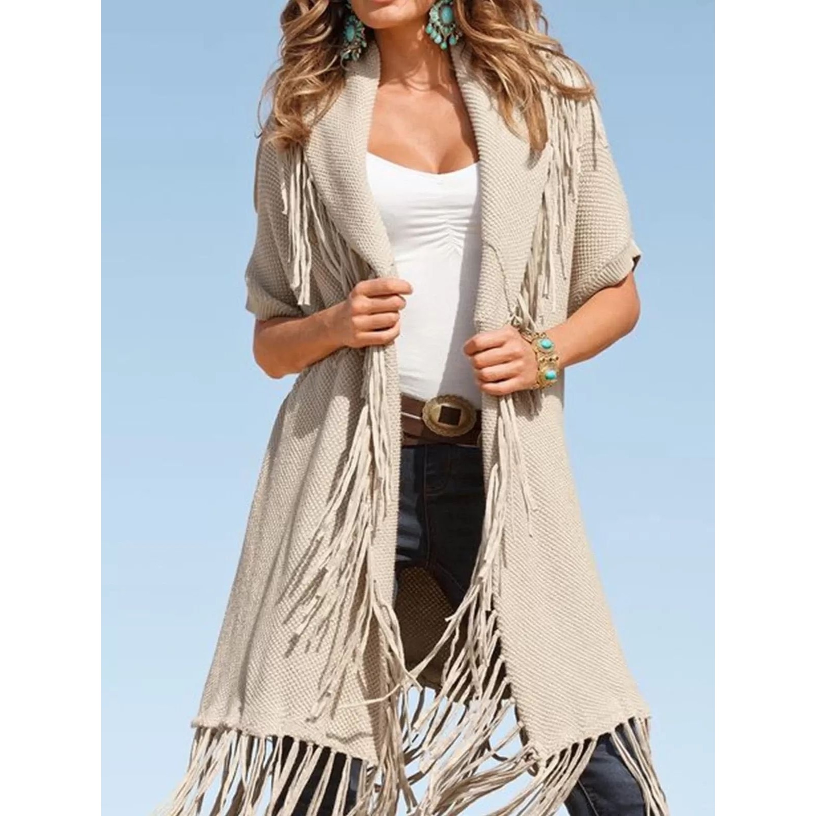 Crochet Knit Fringe Long Line Roll Collar Cardigan Cream Size M Western Cowgirl